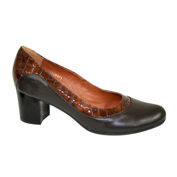 Туфли женские коричневые на невысоком устойчивом каблуке, натуральные кожа и кожа крокодил