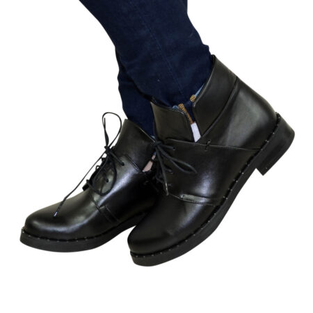 женские кожаные ботинки зима-осень на низком каблучке,цвет черный