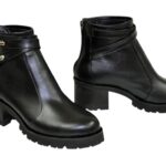 Женские кожаные ботинки демисезонные на устойчивом каблуке, черный цвет
