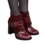 Ботинки бордовые зимние женские на устойчивом каблуке, натуральная кожа и замша