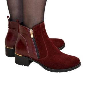 Ботинки бордовые женские зима осень на стойком каблуке, натуральная кожа и замша