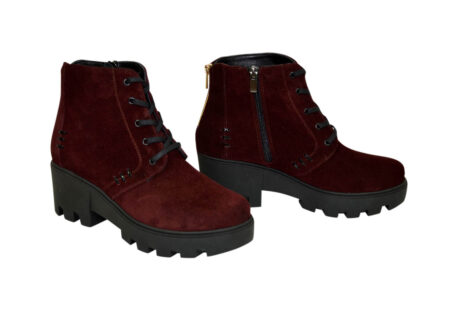 черевики жіночі замшеві кольори бордо на шнурівці, підошва тракторна/ зима-осінь
