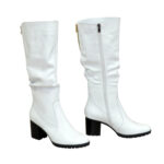 Сапоги женские демисезонные белые кожаные на устойчивом каблуке