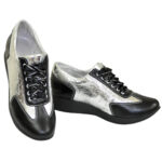 Туфли-кроссовки кожаные женские на утолщенной подошве, серебро/черный цвет