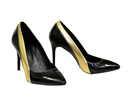 Чорні лакові жіночі туфлі-човники на високій шпильці з натуральної шкіри