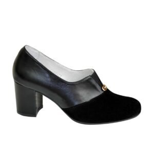 Туфли женские на устойчивом каблуке с натуральной замешы комбинированные кожей, цвет черный