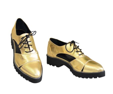 елегантні жіночі туфлі з натуральної шкіри на потовщеній підошві, колір золото
