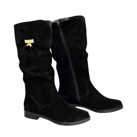 Жіночі чоботи з натуральної замші чорного кольору на низькому ходу, зима-осінь