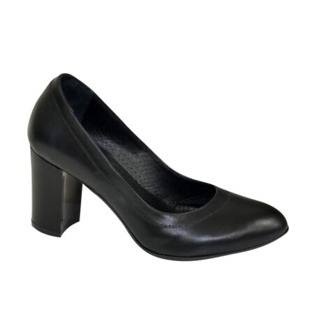 Жіночі класичні туфлі з натуральної чорної шкіри на широкому стійкому підборі