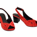 Женские красные босоножки на черном устойчивом каблуке, натуральная замша