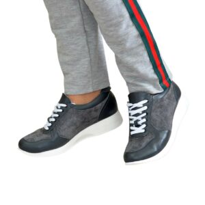 Кросівки жіночі стильні з натуральної шкіри та замші сірого кольору, на шнурівці