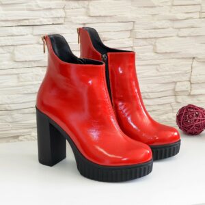 Красные лаковые ботинки женские на высоком каблуке, натуральная кожа