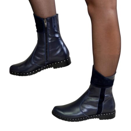 женские кожаные ботинки с замшевыми вставками на удобном невысоком каблуке, зима-осень  ,цвет синий