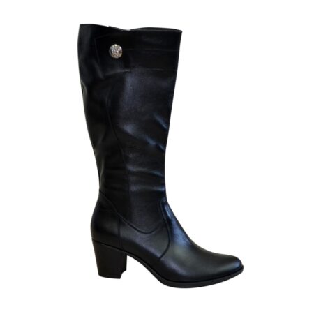 Женские черные кожаные сапоги на устойчивом каблуке, осень зима