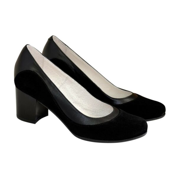 Женские туфли на устойчивом широком каблуке из натуральной замши, комбинированные кожей/ цвет черный
