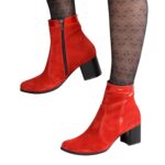 Ботинки женские зимние на каблуке, натуральная замша и лак красного цвета