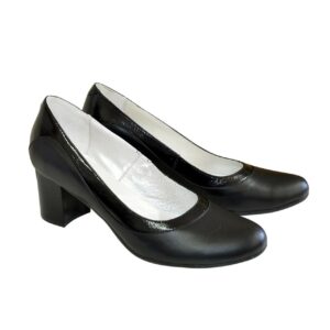 Туфли женские на устойчивом каблуке из натуральной кожи комбинированно лаком, цвет черный