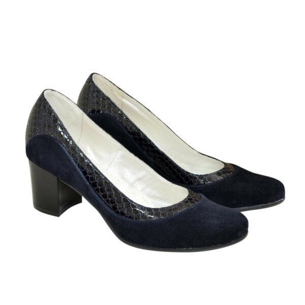 Женские классические синие туфли на невысоком устойчивом каблуке, натуральные замша и кожа питон