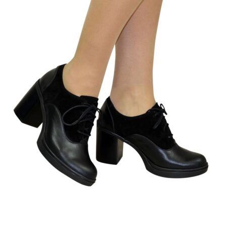 Женские туфли на широком каблуке натуральная кожа и замша черного цвета