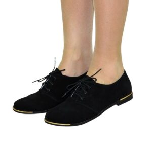 Туфли женские низкий ход, замшевые черного цвета, на шнуровке