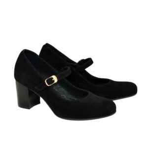 Женские туфли из натуральной замши черного цвета на широком стойком каблуке