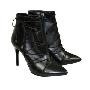 Жіночі шкіряні чорні черевики на шпильці, прикрашені резинкою по всій довжині/демісезон-зима