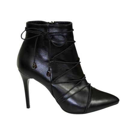 Жіночі шкіряні чорні черевики на шпильці, прикрашені резинкою по всій довжині/демісезон-зима