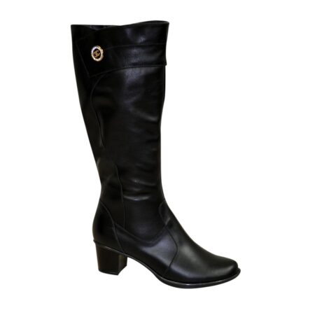 Женские классические черные кожаные сапоги на невысоком каблуке, зима осень