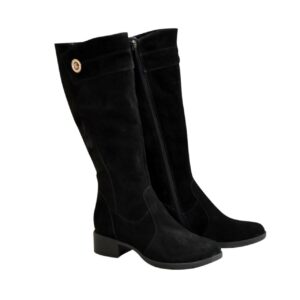 Сапоги женские зима осень замшевые на невысоком каблуке, цвет-черный. Батал