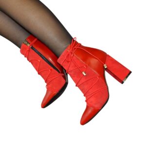 Жіночі класичні черевики зі шкіри та замша червоного кольору на високому стійкому підборі,демісезон-зима