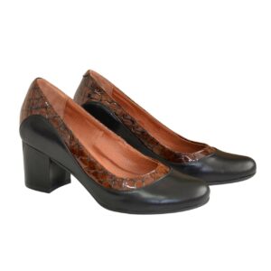 Женские туфли из натуральной кожи на широком устойчивом каблуке, с лаковыми вставками кожей "крокодил"/ цвет коричневый