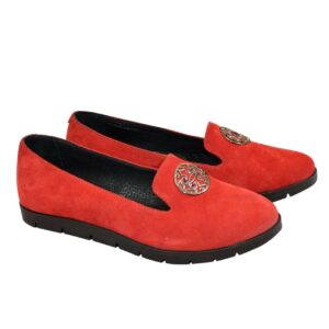 Жіночі туфлі з натуральної червоної замші, зручні легені на потовщеній чорній підошві