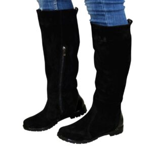 Жіночі чоботи-труби зима осінь з натуральної замші та лакової шкіри чорного кольору, на низькому ходу,