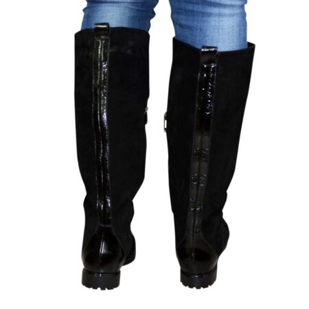 Жіночі чоботи-труби зима осінь з натуральної замші та лакової шкіри чорного кольору, на низькому ходу,