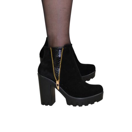 Женские ботинки зима-осень из натуральной замши черного цвета на высоком стойком каблуке
