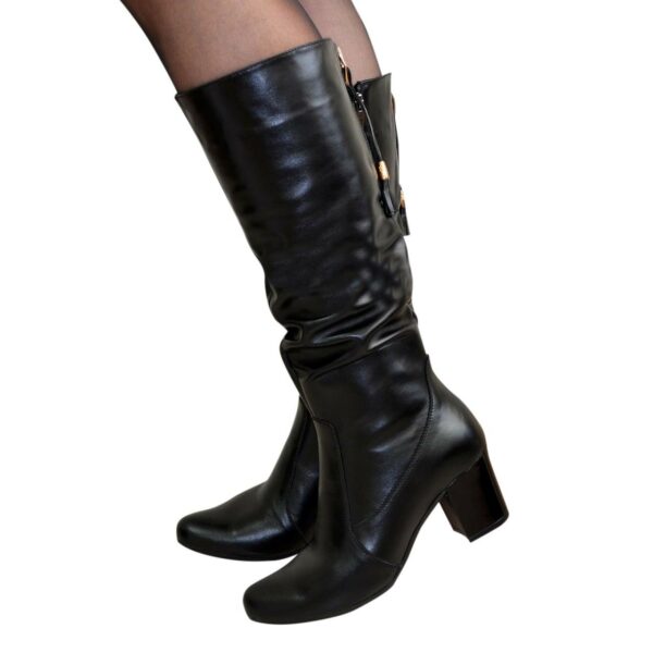 Женские демисезонные черные кожаные сапоги на устойчивом каблуке