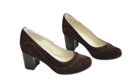 Туфлі жіночі з натуральної замші на широкому стійкому підборі, колір коричневий