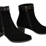 Ботинки женские зимние черные на невысоком каблуке, натуральная замша и кожа с тиснением питон