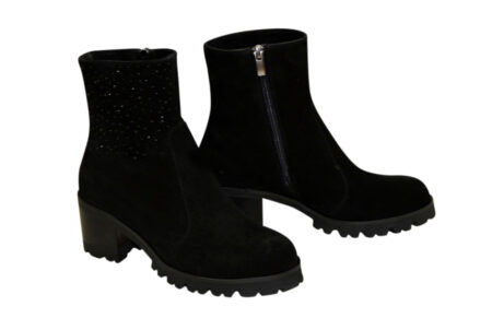 Жіночі черевики натуральний замш з накаткою каміння колір чорний на невисокому підборі, демісезон-зима