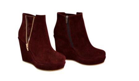 Женские замшевые бордовые ботинки с кожаной вставкой на высокой платформе осень-зима