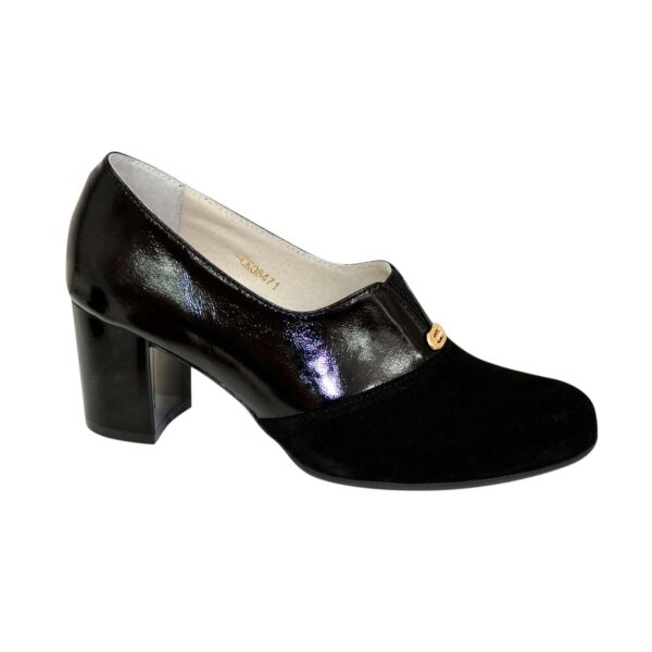 Туфли женские на устойчивом каблуке из натуральной замешы комбинированные лаком, цвет черный