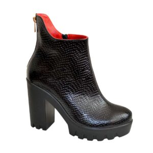 Ботинки женские кожаные на стойком каблуке, черно-красного цвета