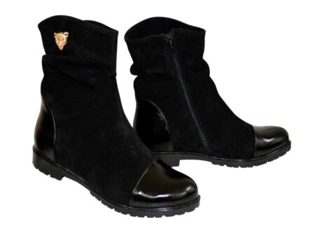 Жіночі черевики чорні зима осінь натуральна замша з лаком, на низькому ходу,