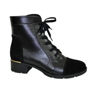 Ботинки черные женские кожаные с замшевыми вставками зима осень, на стойком каблуке