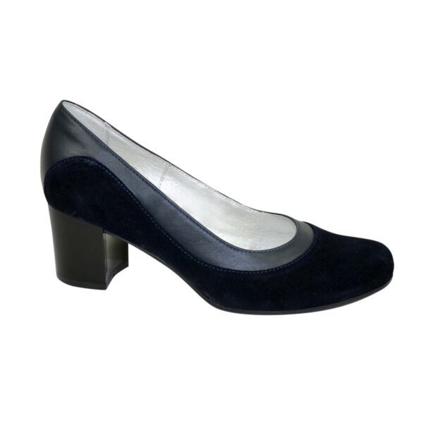 Женские туфли на устойчивом широком каблуке из натуральной замши, комбинированные кожей/ цвет синий
