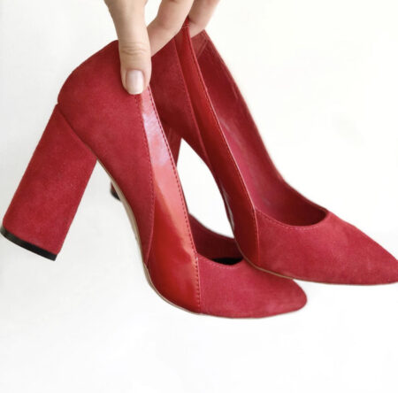 Туфли лодочки женские красные замшевые на высоком устойчивом каблуке