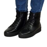 Женские зимние черные кожаные ботинки на утолщенной подошве