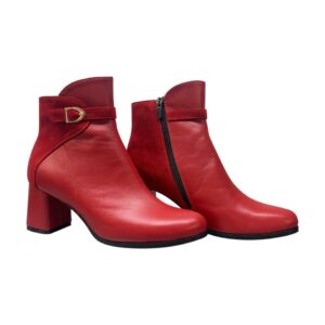 Красные женские ботинки из натуральной кожи и замши на стойком обтяжном каблуке